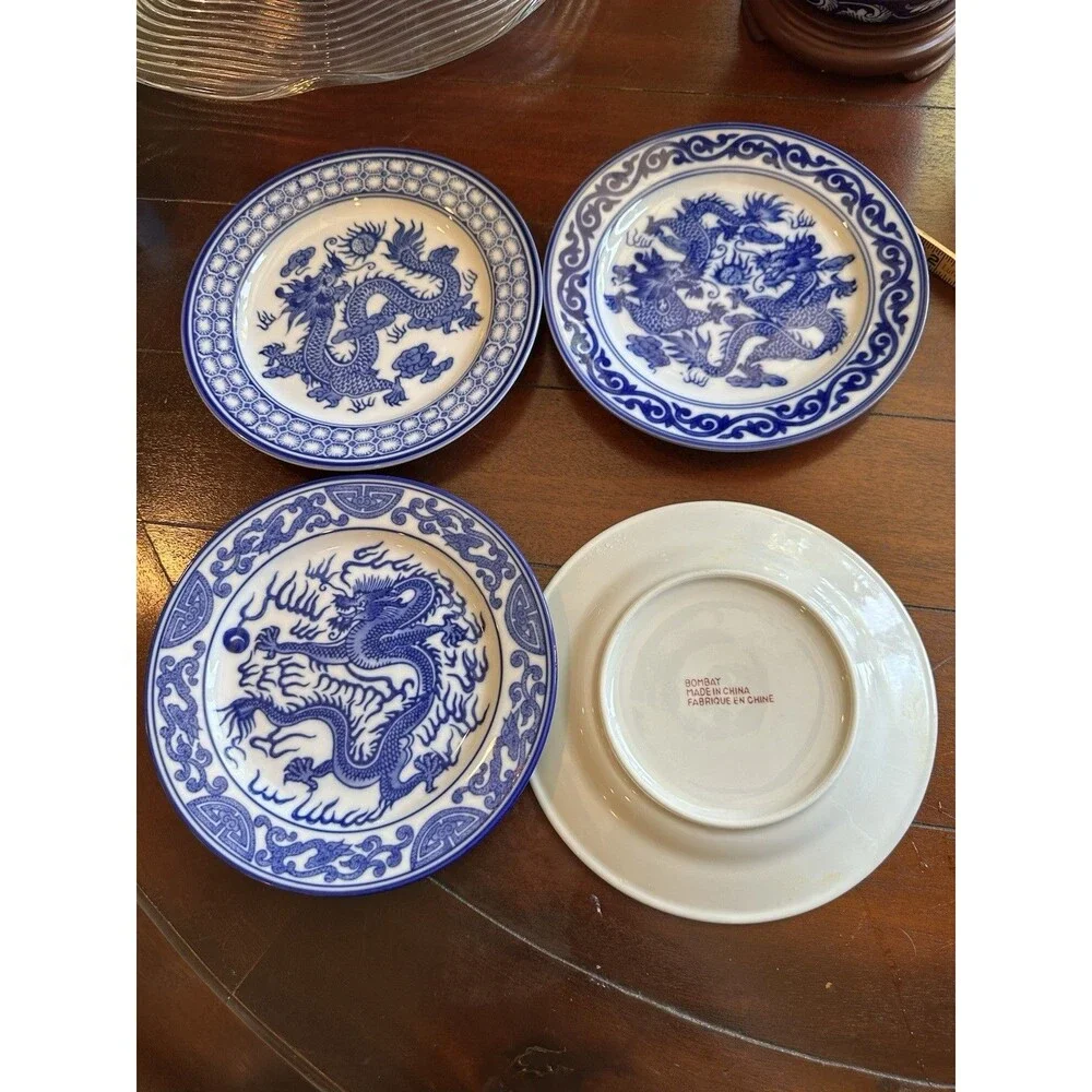 Blue & White China Dragon Motif Plates Bombay Asian Garden Pattern Set Of 4